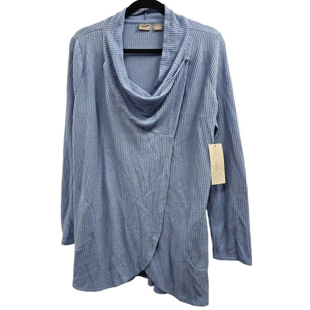 Chicos Cardigan Sweater Medium Pockets Waffle Knit Textured Wrap Normcore Office